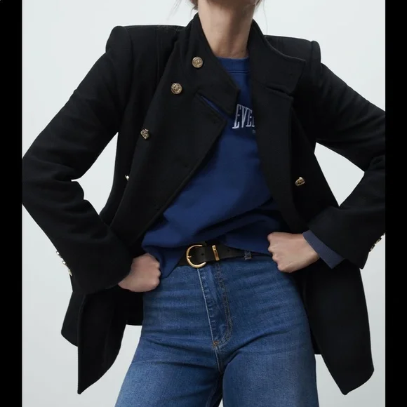 Zara gold buttons wool Italian mantengo wool black coat - Picture 3 of 11